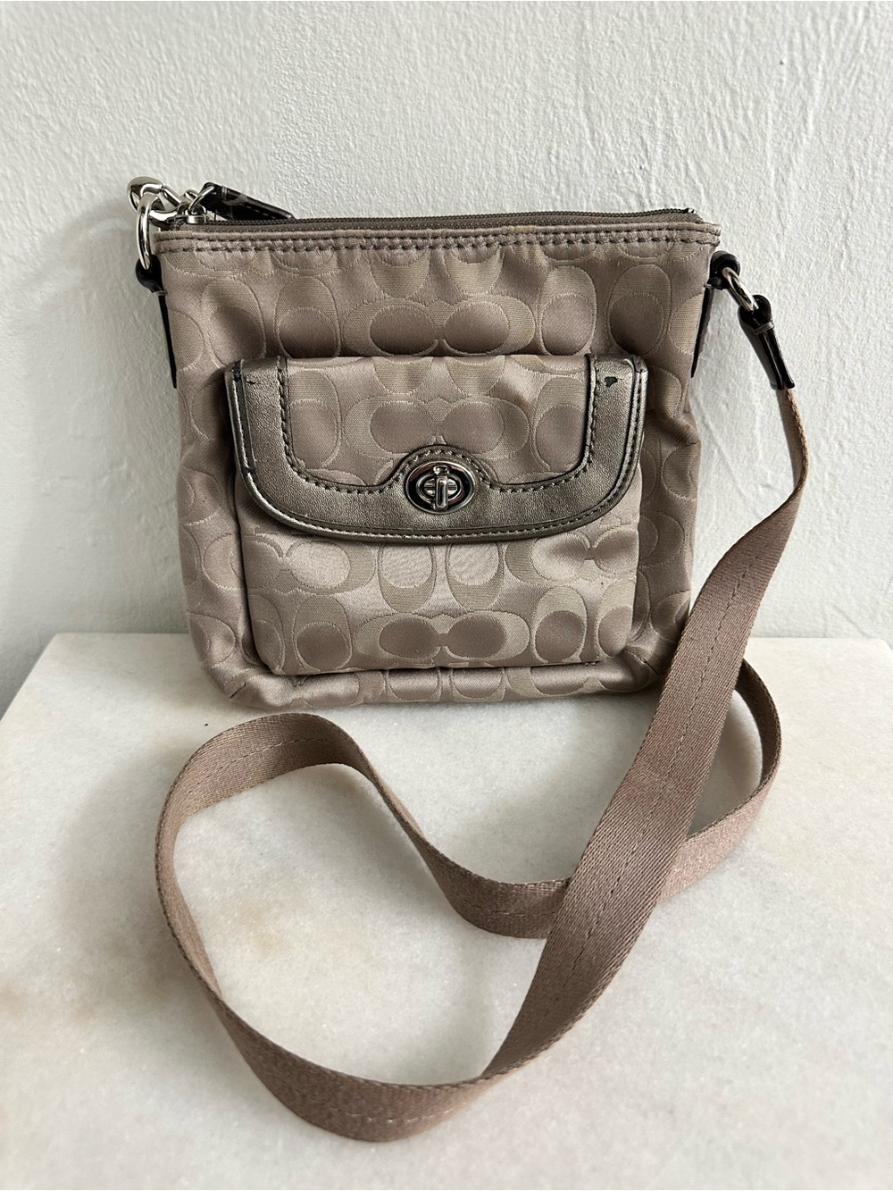 Coach Taupe Signature Jacquard Crossbody with Turn-Lock Pocket